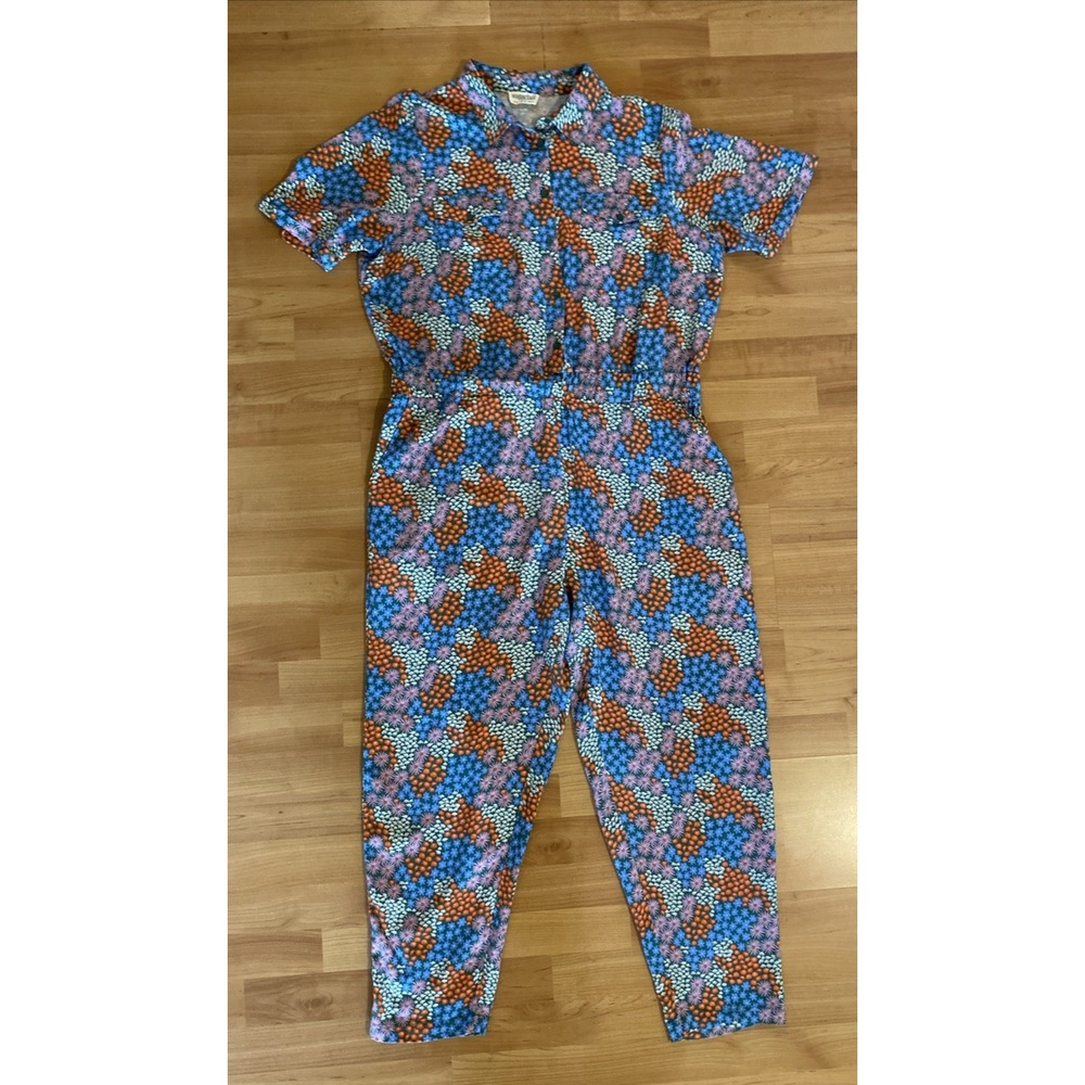 Sugarhill Brighton Jumpsuit Size 12 Elastic Waist Blue Floral Short‎ Sleeve